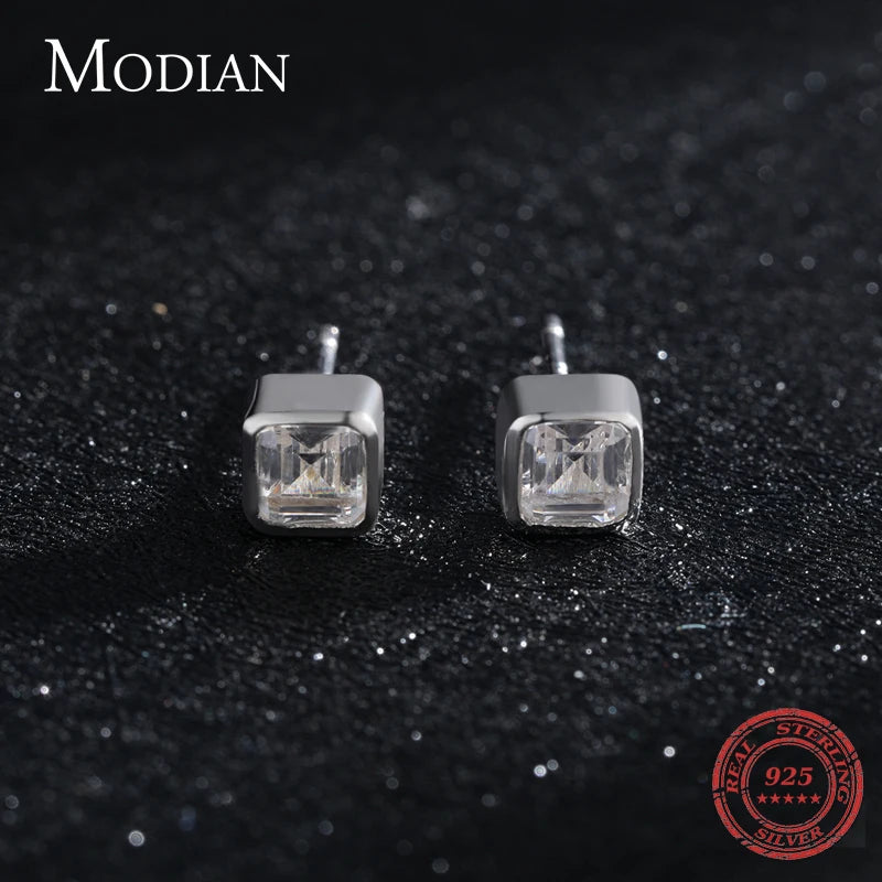 Modian Classic Square Clear Cubic Zirconia stud Earrings  Simple 925 Sterling Silver Fashion Studs Ear For Women Fine Jewelry