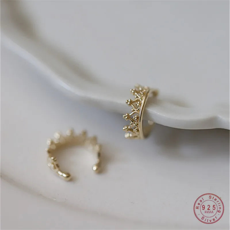 925 Sterling Silver French Simple Crown Ear Bone Clip Women No Pierced Classic Temperament Palace Style Jewelry Gift