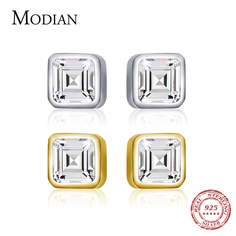 Modian Classic Square Clear Cubic Zirconia stud Earrings  Simple 925 Sterling Silver Fashion Studs Ear For Women Fine Jewelry