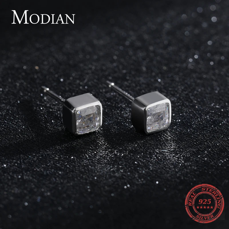 Modian Classic Square Clear Cubic Zirconia stud Earrings  Simple 925 Sterling Silver Fashion Studs Ear For Women Fine Jewelry