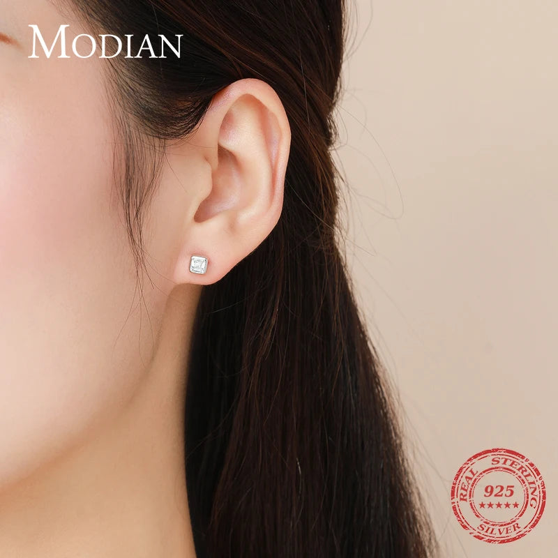 Modian Classic Square Clear Cubic Zirconia stud Earrings  Simple 925 Sterling Silver Fashion Studs Ear For Women Fine Jewelry