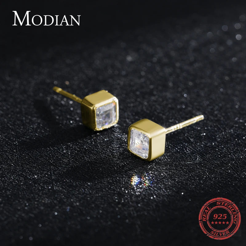 Modian Classic Square Clear Cubic Zirconia stud Earrings  Simple 925 Sterling Silver Fashion Studs Ear For Women Fine Jewelry