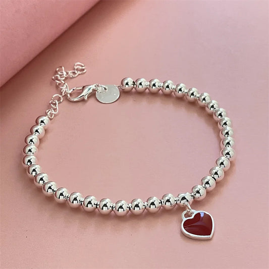 Fashion 925 Sterling Silver Bracelet Red Heart Brand Charm Women Classic Fashion Party Jewelry Gift