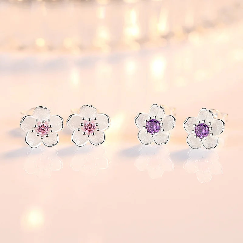 Real 925 Sterling Silver Crystal Jewelry New Flower Stud Earrings For Women XY0202