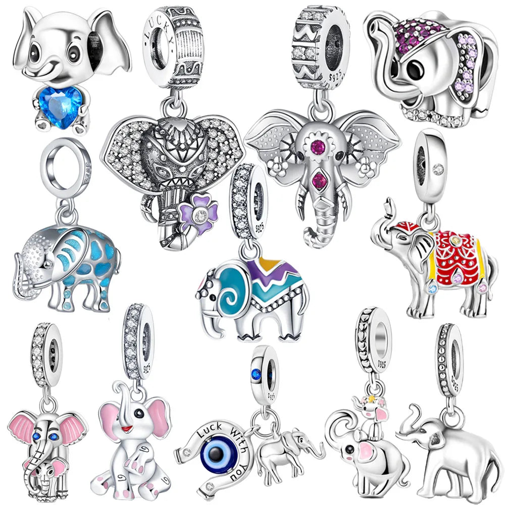 Exquisite 925 Sterling Silver Full Zirconium&Colorful&Offspring Elephant Dangle Charm Fit Pandora Bracelet Necklace Gift Jewelry