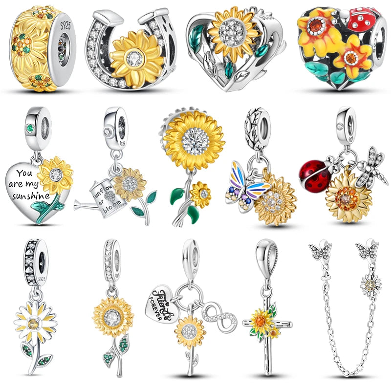 925 Sterling Silver Golden Sunflowers Heart beads pendant Charms Beads Fit 4MM hole diameter Bracelets Luxury Party DIY Jewelry