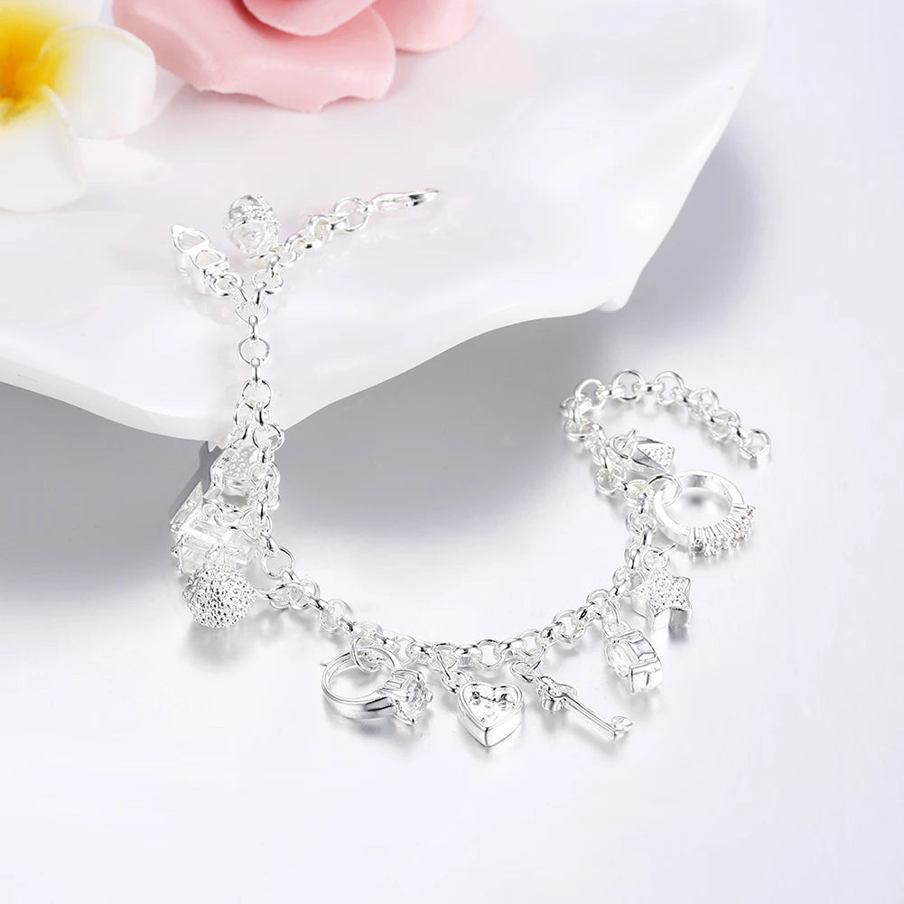 KCRLP Fashion 925 Sterling Silver Fine Zircon Heart Key Pendant Bracelet for Woman Party Gifts Wedding Accessories Jewelry 20cm