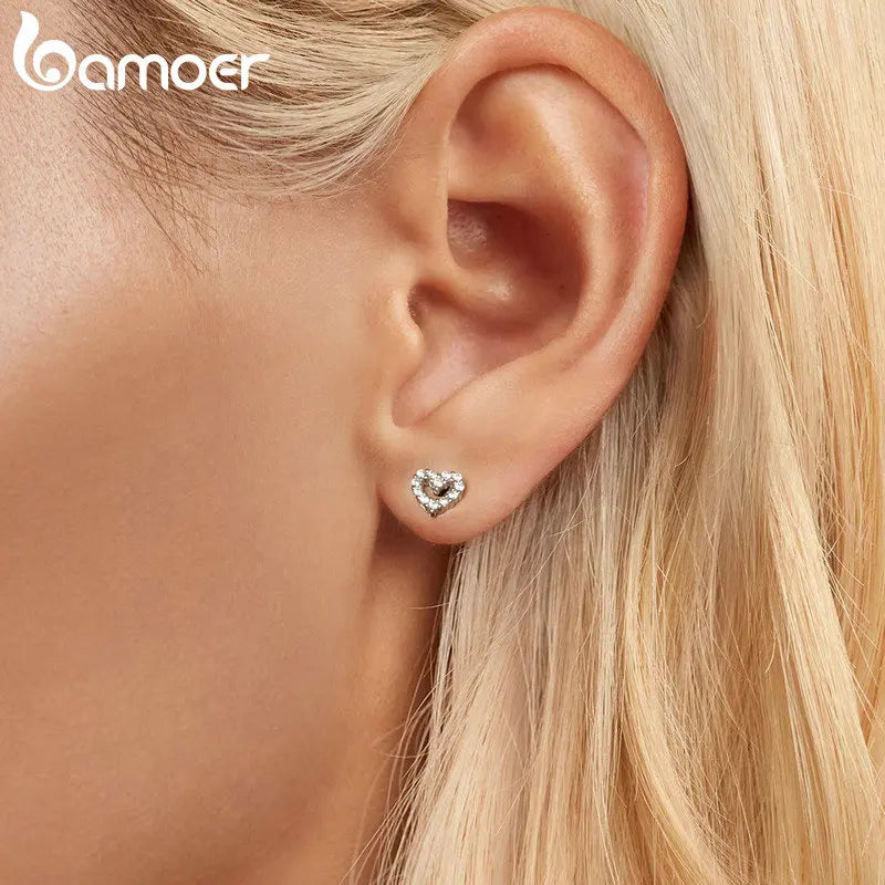 BAMOER Authentic 925 Sterling Silver Stud Earrings for Women Cute Heart Earrings Shiny Clear CZ Wedding Engagement Jewelry