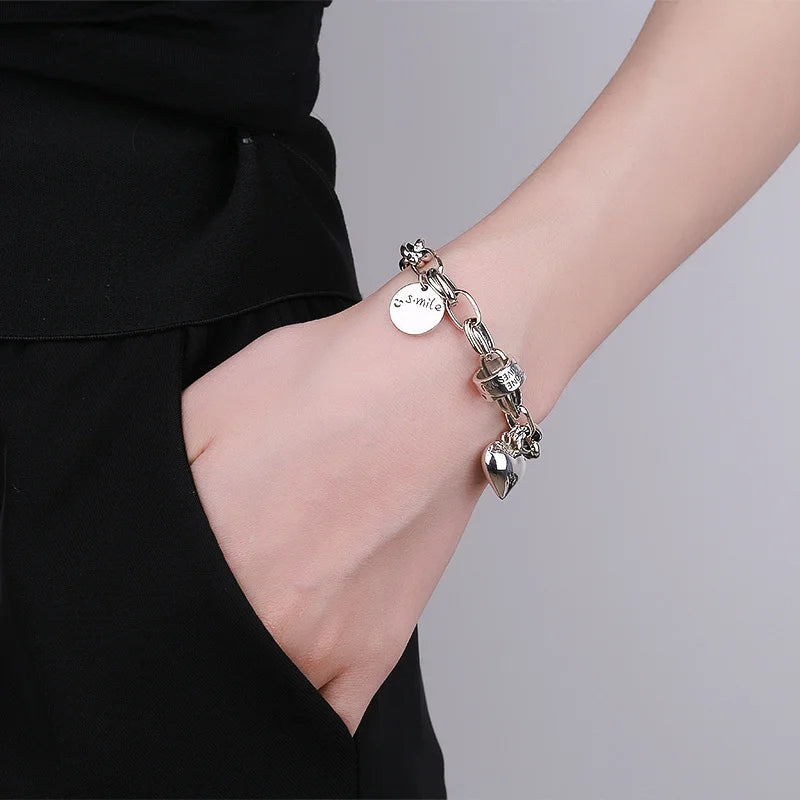 925 Sterling Silver Thai Silver Bracelet for Women Vintage Geometric Heart Love Lucky Punk Jewelry 2024 New Dropshipping