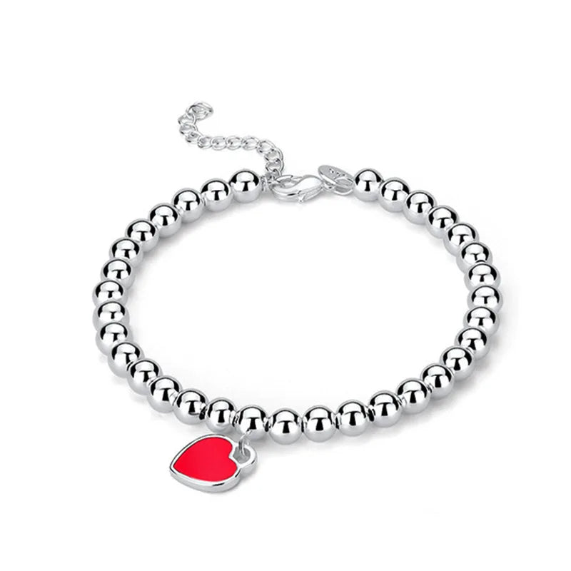 Fashion 925 Sterling Silver Bracelet Red Heart Brand Charm Women Classic Fashion Party Jewelry Gift