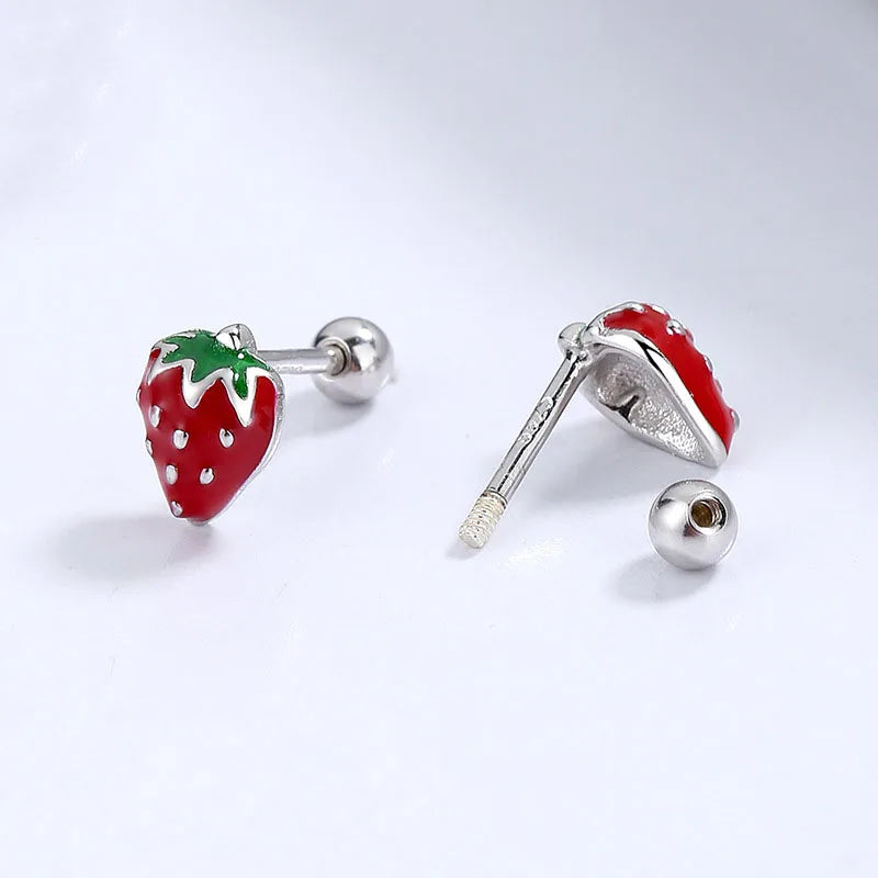 INZATT Real 925 Sterling Silver Red Enamel Strawberry Stud Earrings for Women Party Cute Fine Jewelry Aretes De Mujer Gift