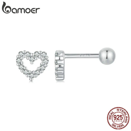 BAMOER Authentic 925 Sterling Silver Stud Earrings for Women Cute Heart Earrings Shiny Clear CZ Wedding Engagement Jewelry