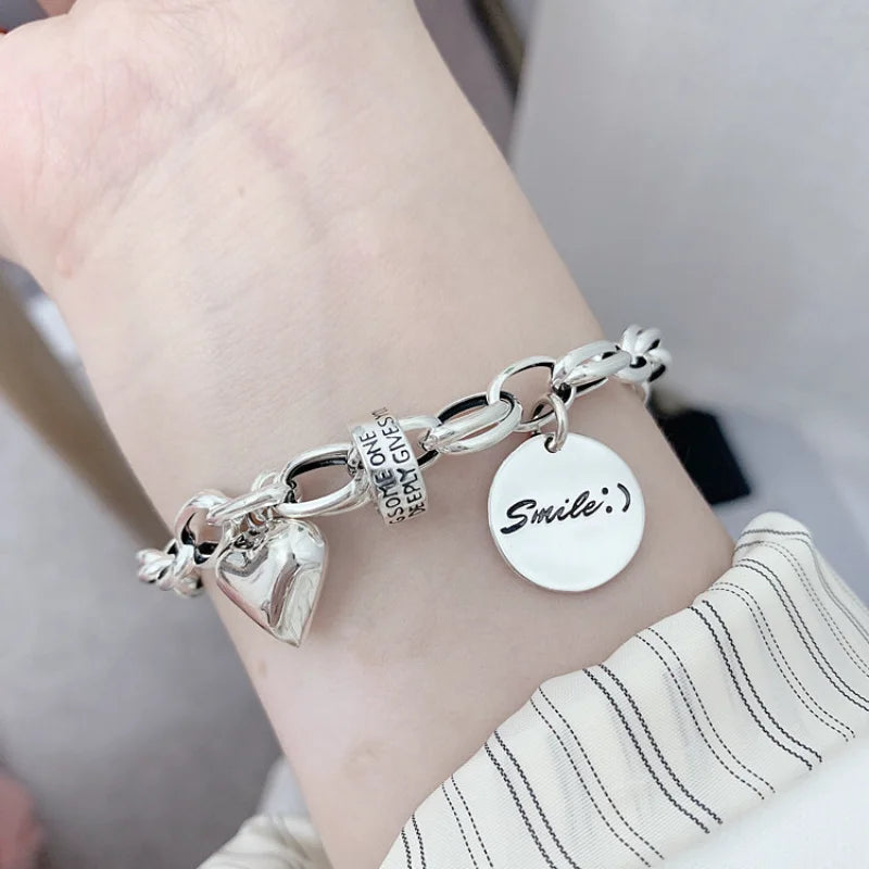 925 Sterling Silver Thai Silver Bracelet for Women Vintage Geometric Heart Love Lucky Punk Jewelry 2024 New Dropshipping