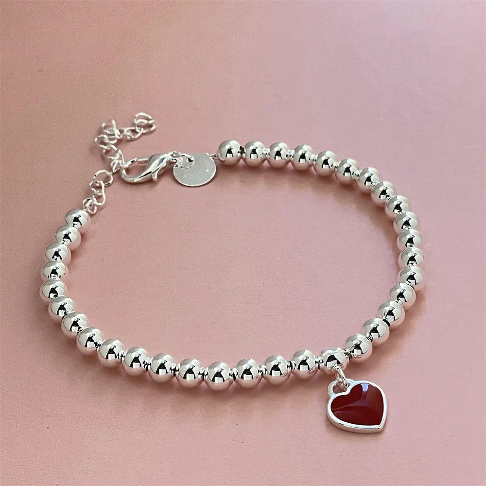 Fashion 925 Sterling Silver Bracelet Red Heart Brand Charm Women Classic Fashion Party Jewelry Gift