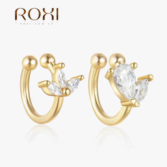 ROXI 925 Sterling Silver 1 Piece Earcuff  For Unpiered Ear Minimalist  Microinlaid Zircon 18K Gold Color Clip Earrings For Women