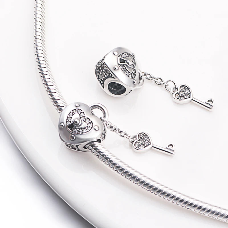 New 925 Sterling Silver Lock key Series Charm Fashion Beads Fit Original Pandora Bracelet For Woman DIY Sparkling Jewelry Making