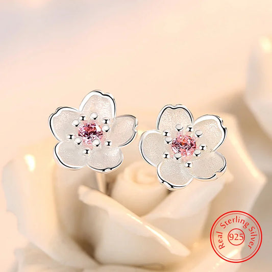 Real 925 Sterling Silver Crystal Jewelry New Flower Stud Earrings For Women XY0202