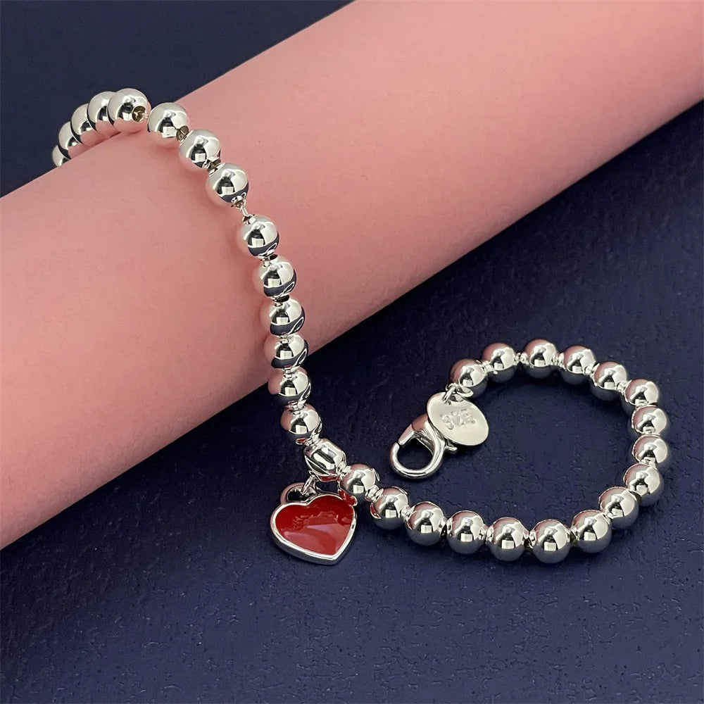 Fashion 925 Sterling Silver Bracelet Red Heart Brand Charm Women Classic Fashion Party Jewelry Gift