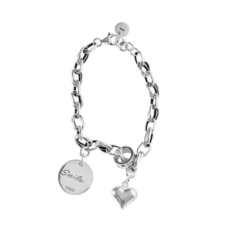 925 Sterling Silver Thai Silver Bracelet for Women Vintage Geometric Heart Love Lucky Punk Jewelry 2024 New