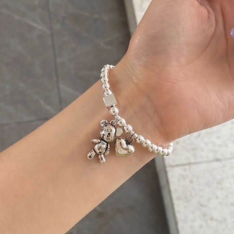 925 Sterling Silver Bracelets for Women String of Beads Accessories Trend Vintage Simple Cute Bear Pendant Party Jewelry