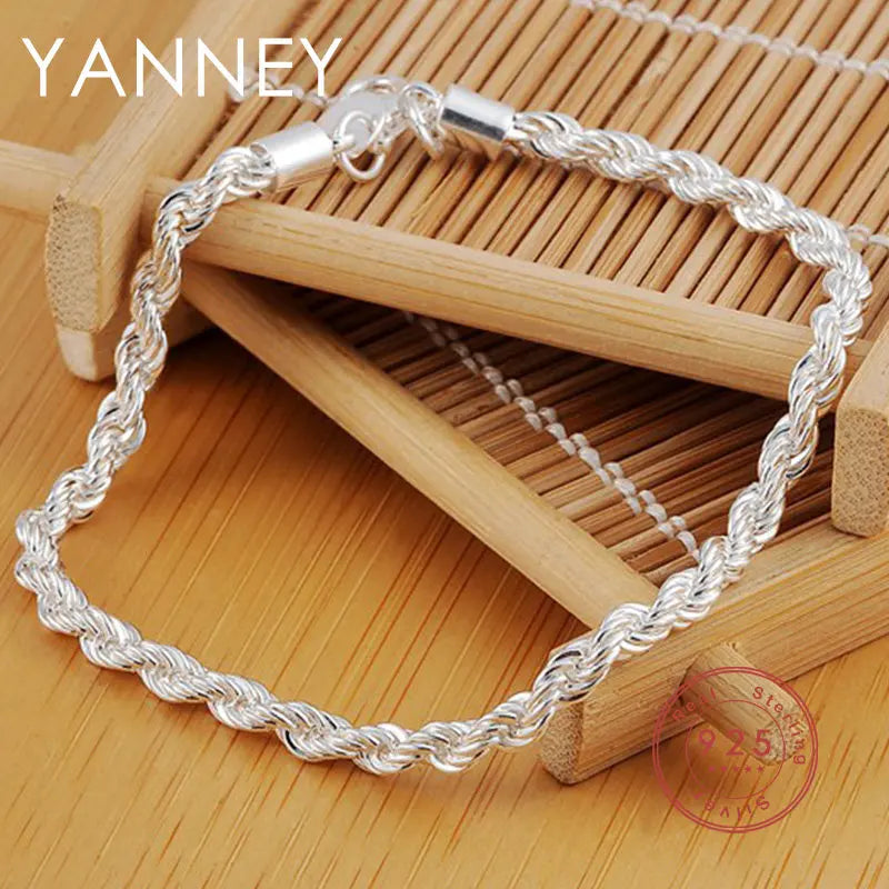 Charm 925 sterling silver Accessories 4MM 40-60cm 2PCS Rope Chain Necklace Bracelet Women Men Fashion Wedding Gift Jewelry