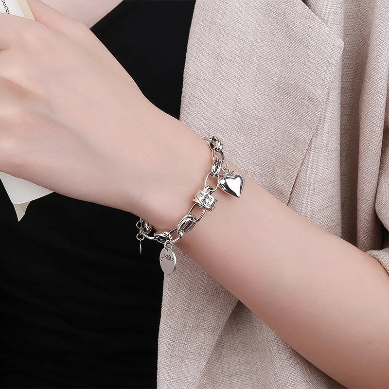 925 Sterling Silver Thai Silver Bracelet for Women Vintage Geometric Heart Love Lucky Punk Jewelry 2024 New Dropshipping