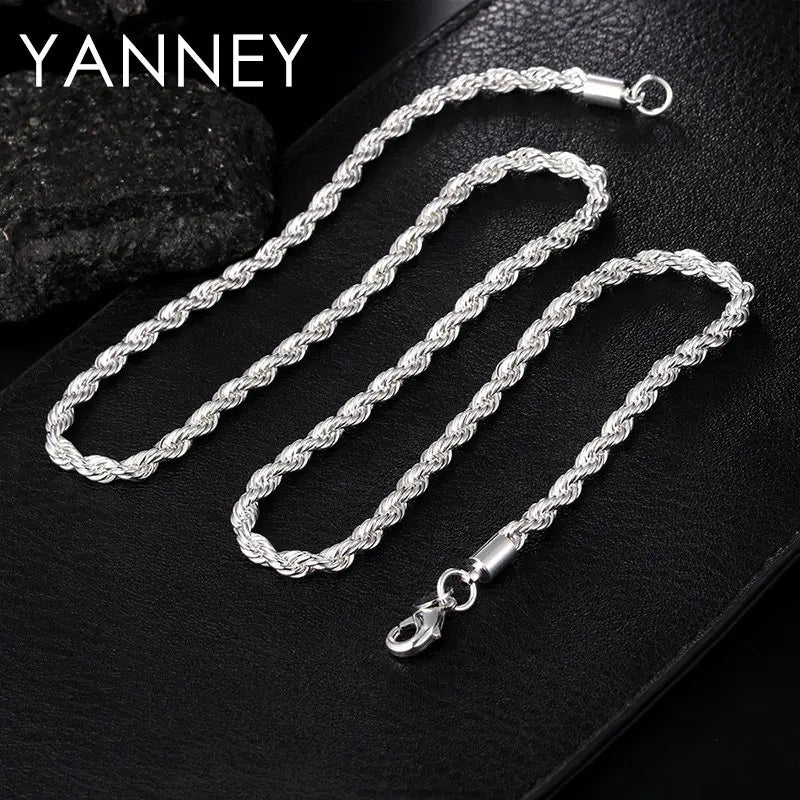 Charm 925 sterling silver Accessories 4MM 40-60cm 2PCS Rope Chain Necklace Bracelet Women Men Fashion Wedding Gift Jewelry