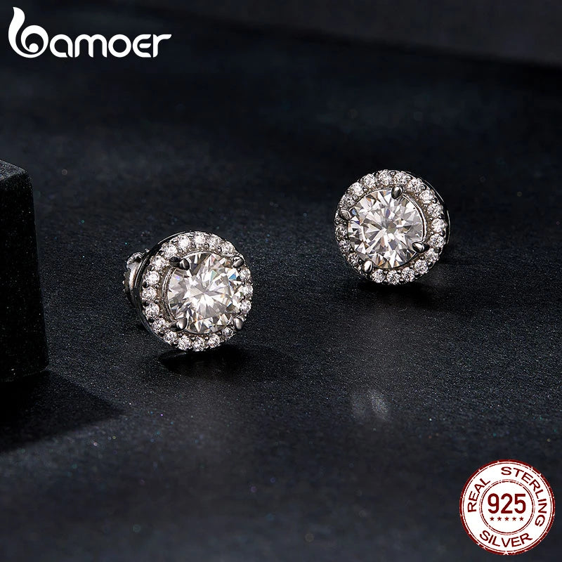 BAMOER Exquisite Halo Stud Earrings 925 Sterling Silver Moissanite Earrings for Women Engagement Wedding Fine Jewelry Gift