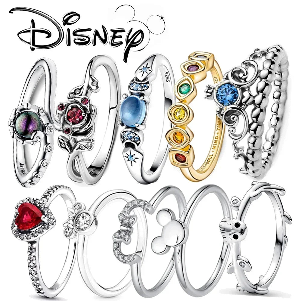 925 Sterling Silver  Potdemie Disney Mickey Minnie Sparkling Head Princess Flower Daisy Rings Original Festival Jewelry Gift