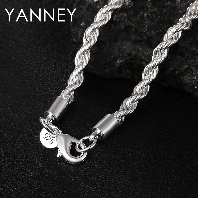 Charm 925 sterling silver Accessories 4MM 40-60cm 2PCS Rope Chain Necklace Bracelet Women Men Fashion Wedding Gift Jewelry