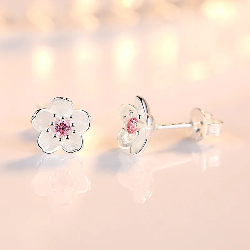 Real 925 Sterling Silver Crystal Jewelry New Flower Stud Earrings For Women XY0202