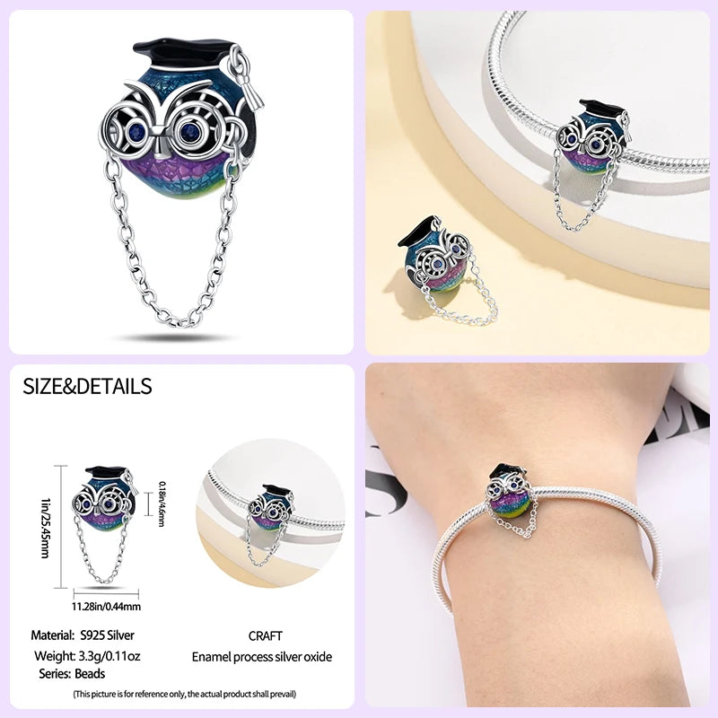 925 Sterling Silver Graduation Season Series Colored Owl Bachelor's Hat Charms Beads Fit Qikaola Original Bracelets DIY Jewelry