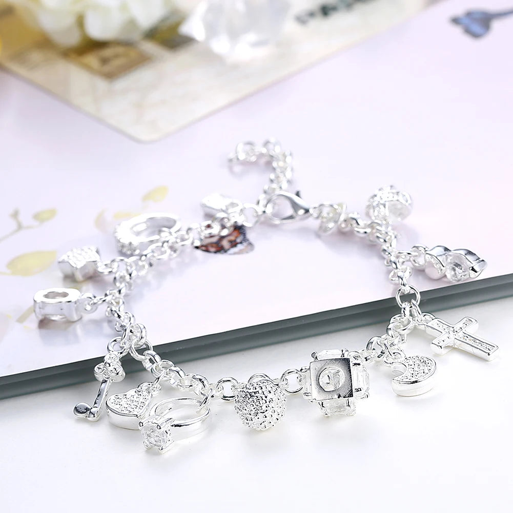 KCRLP Fashion 925 Sterling Silver Fine Zircon Heart Key Pendant Bracelet for Woman Party Gifts Wedding Accessories Jewelry 20cm