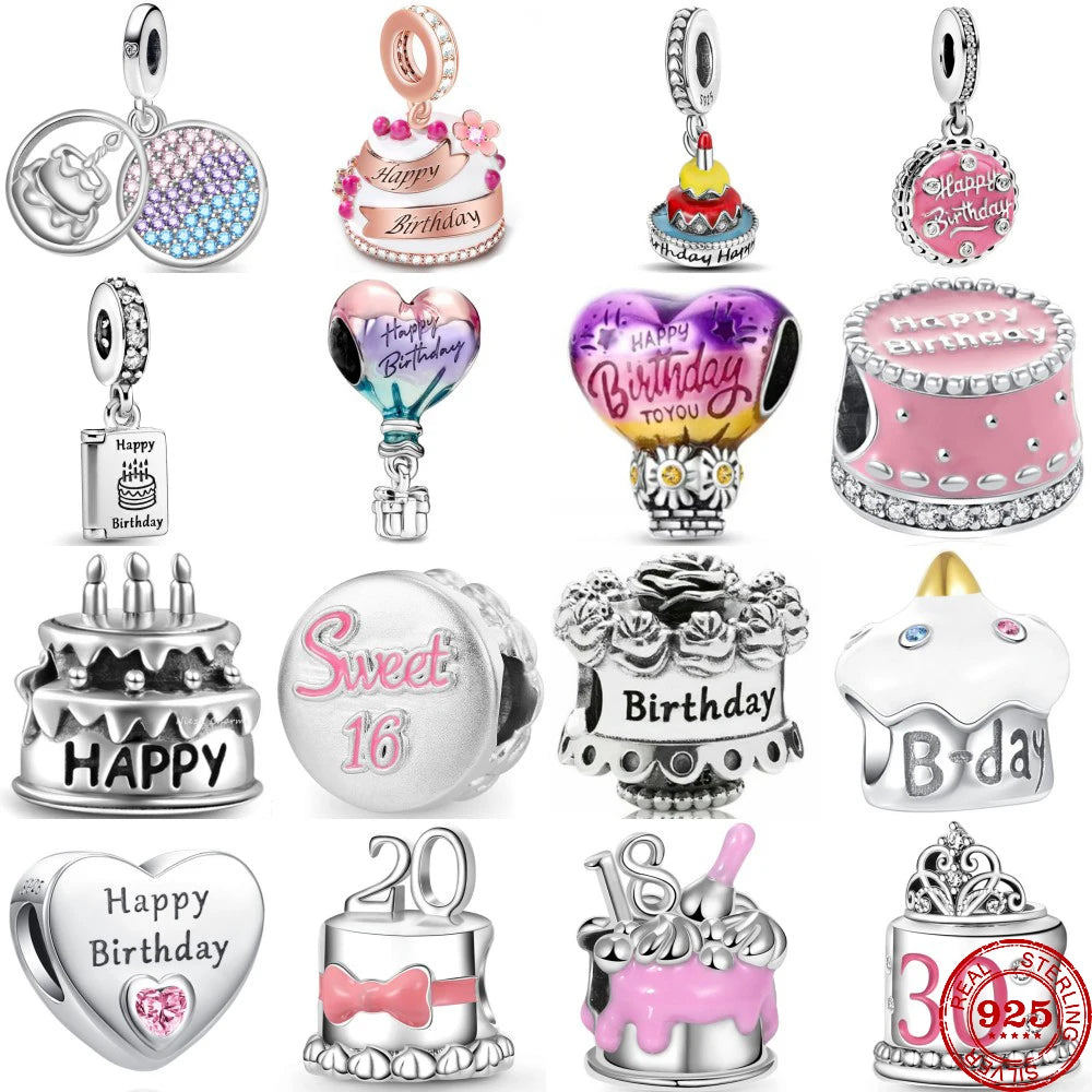 New 925 Sterling Silver Happy Birthday Cake Hot Air Balloon Charms Beads Fit Original Pandora Bracelet DIY Fashion Woman Jewelry