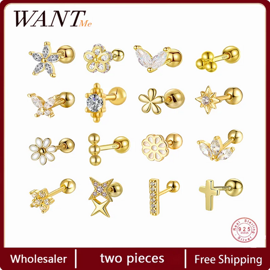 WANTME 925 Sterling Silver Piercing Screw Bead Stud Earrings for Women Fashion Luxury Sweet Star Flower Leaf Ear Bone Jewelry