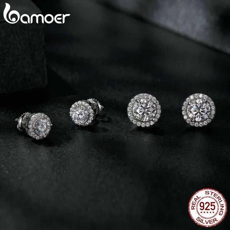 BAMOER Exquisite Halo Stud Earrings 925 Sterling Silver Moissanite Earrings for Women Engagement Wedding Fine Jewelry Gift