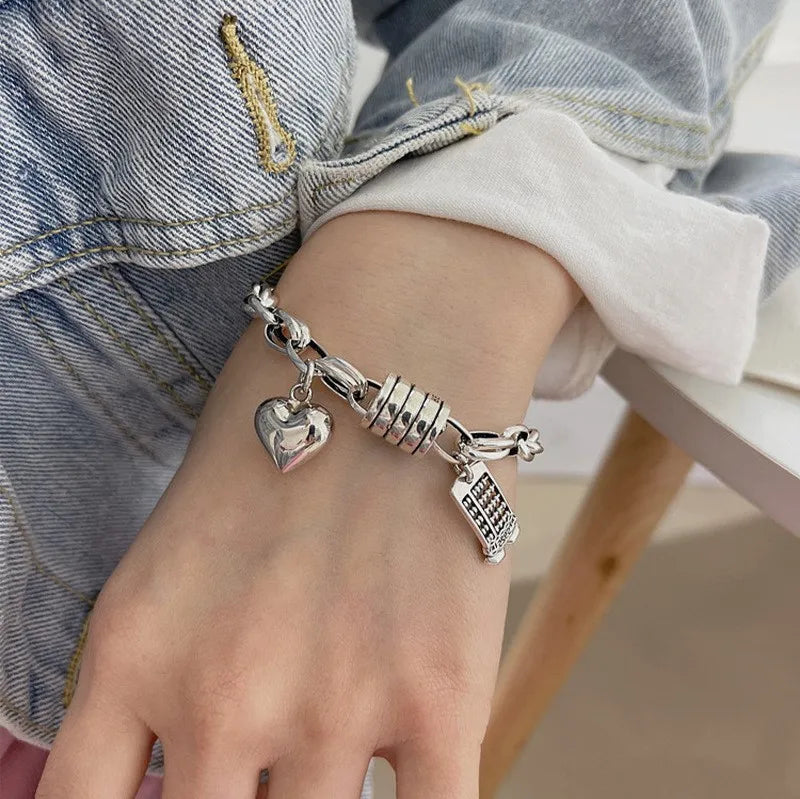 925 Sterling Silver Thai Silver Bracelet for Women Vintage Geometric Heart Love Lucky Punk Jewelry 2023 New Dropshipping