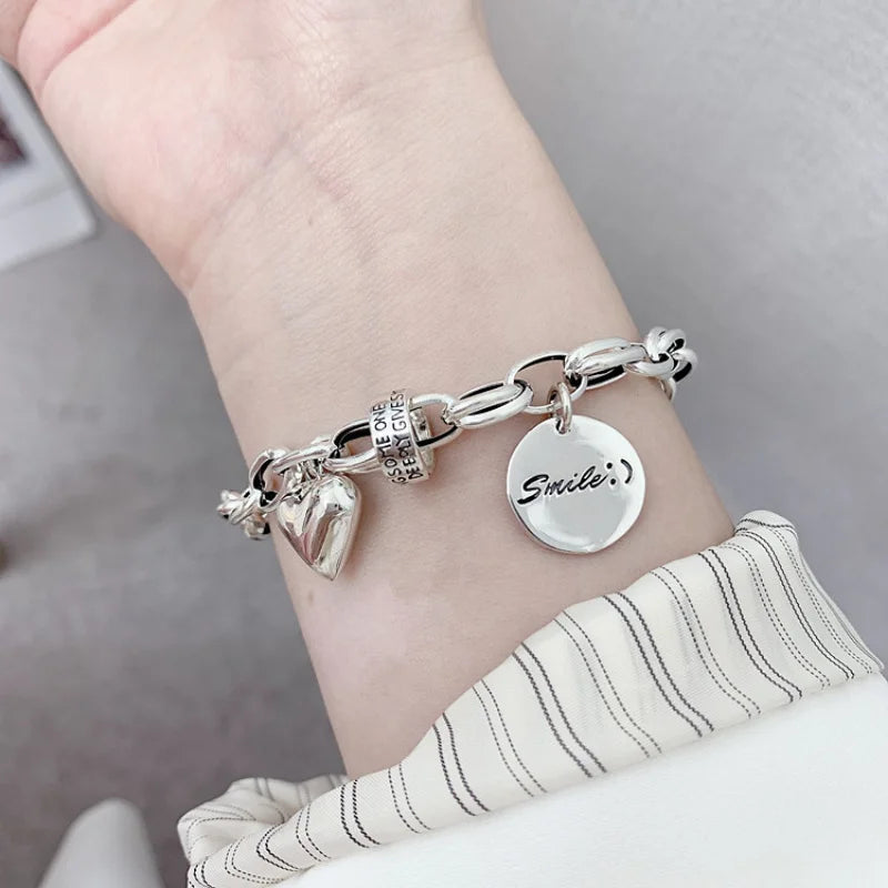 925 Sterling Silver Thai Silver Bracelet for Women Vintage Geometric Heart Love Lucky Punk Jewelry 2024 New Dropshipping