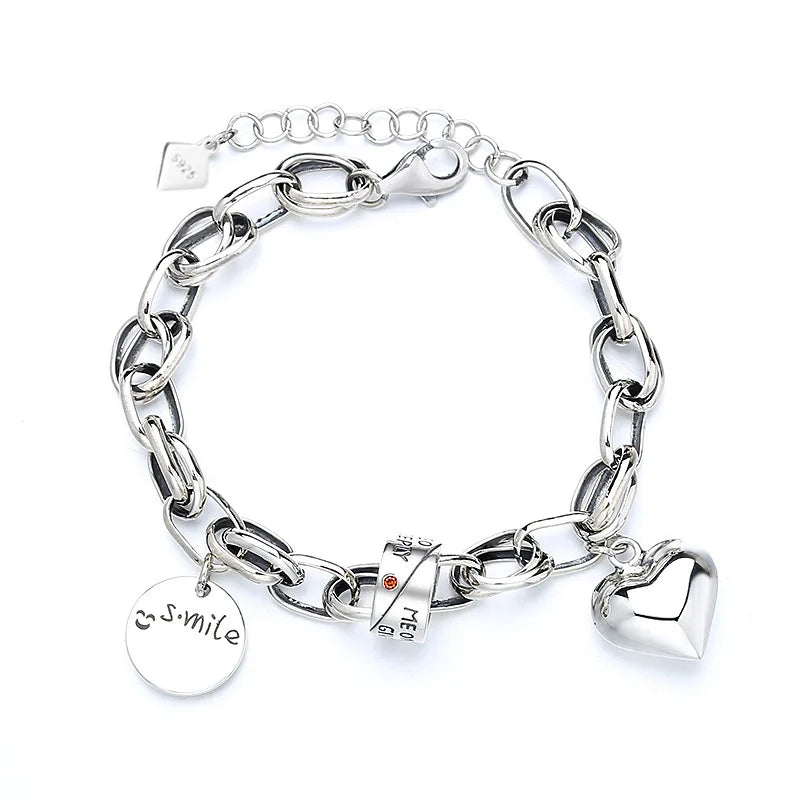 925 Sterling Silver Thai Silver Bracelet for Women Vintage Geometric Heart Love Lucky Punk Jewelry 2024 New Dropshipping