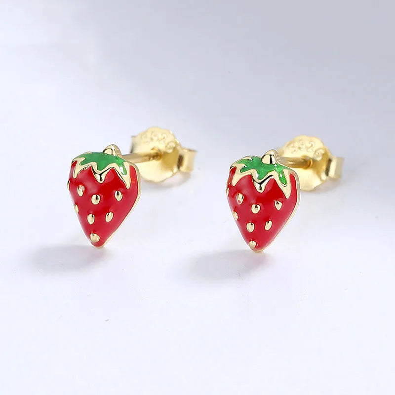 INZATT Real 925 Sterling Silver Red Enamel Strawberry Stud Earrings for Women Party Cute Fine Jewelry Aretes De Mujer Gift