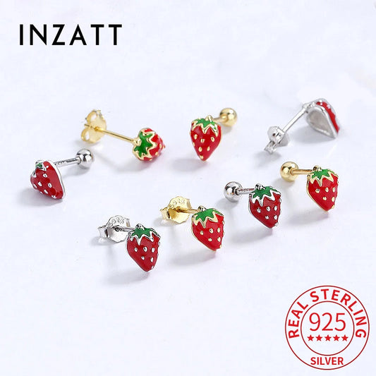 INZATT Real 925 Sterling Silver Red Enamel Strawberry Stud Earrings for Women Party Cute Fine Jewelry Aretes De Mujer Gift