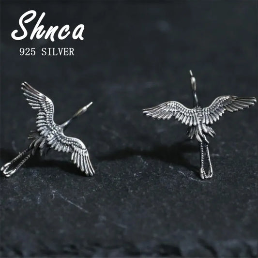 925 Sterling Silver Vintage Art Fashion Flying Crane Birds Thai Silver Stud Earrings For Women Girl Pendientes TYB160