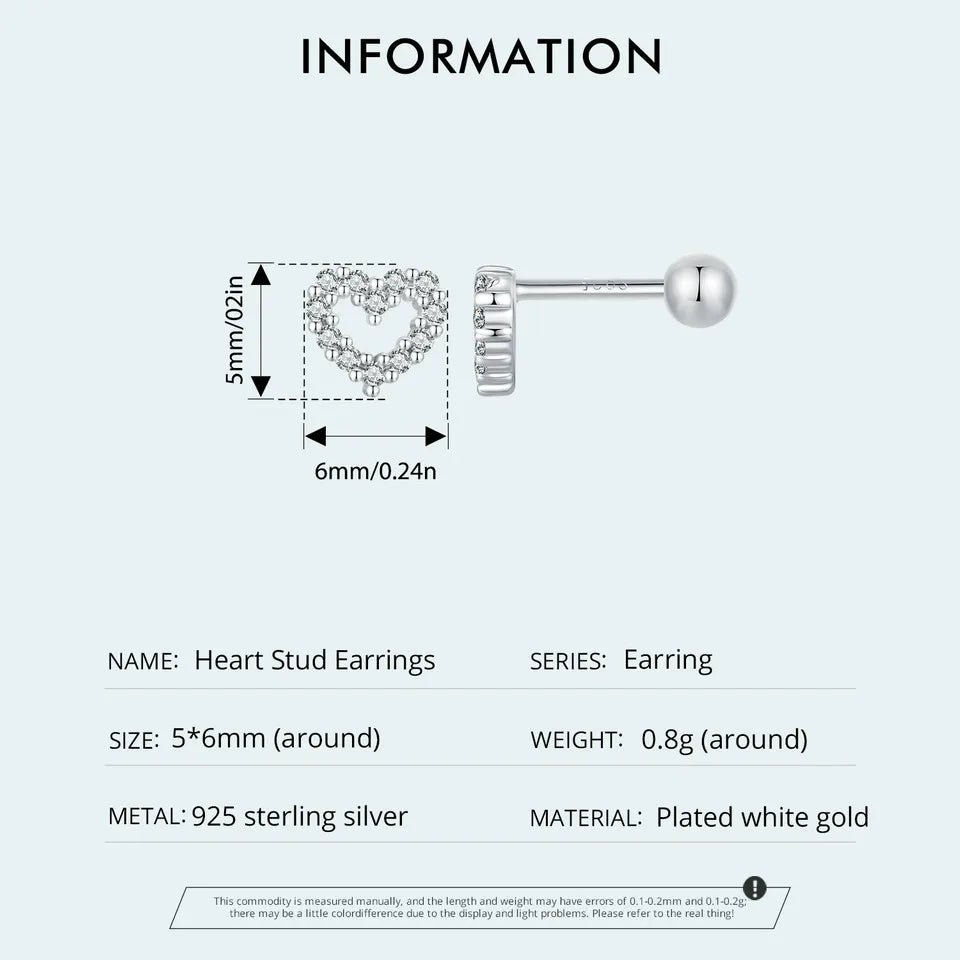 BAMOER Authentic 925 Sterling Silver Stud Earrings for Women Cute Heart Earrings Shiny Clear CZ Wedding Engagement Jewelry