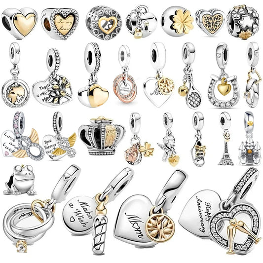 925 Silver Golden Heart Birthday Candle Engagement Ring Pendant DIY Beads Fit Original Pandora Charms Bracelet Fine Jewelry Gift