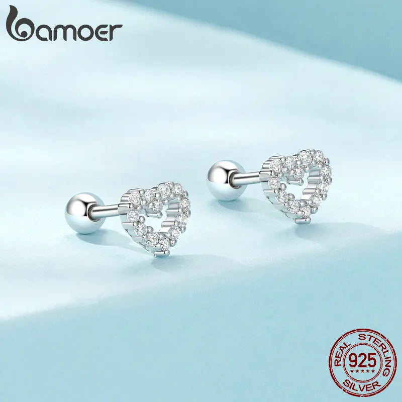 BAMOER Authentic 925 Sterling Silver Stud Earrings for Women Cute Heart Earrings Shiny Clear CZ Wedding Engagement Jewelry