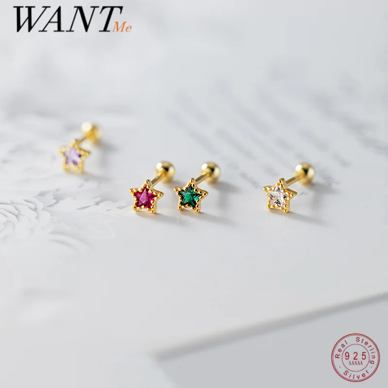 WANTME 925 Sterling Silver Colorful Zircon Star Spiral Beads Stud Earrings for Women Charm Piercing Ear Bone Jewelry Accessories