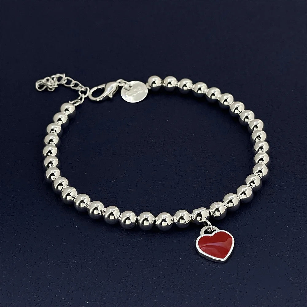 Fashion 925 Sterling Silver Bracelet Red Heart Brand Charm Women Classic Fashion Party Jewelry Gift