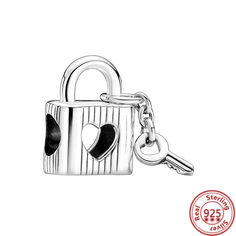 2024 New 925 Sterling Silver Padlock & Key Lock Heart Dangle Charms Beads Fit Original Pandora 925 Bracelet Women Fine Jewelry